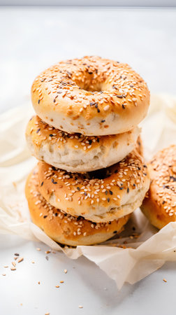 Bagels with sesame seeds on a white background, selective focus.の素材