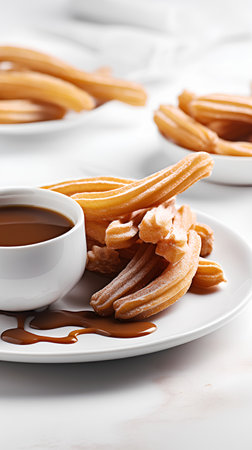 Churros with chocolate sauce on a white plate, close upの素材