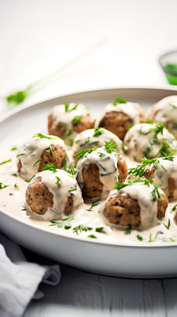 Meatballs with white sauce and dill on a white plate.の素材