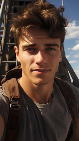 Portrait of young handsome man with backpack on background of blue skyの素材