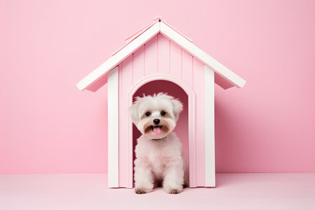 Cute Maltese puppy sitting in front of pink doghouseの素材