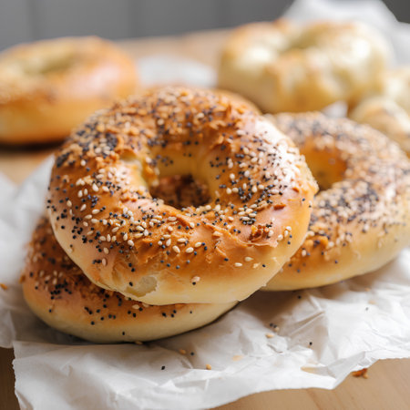 Bagels with sesame seeds on a wooden background. Selective focus.の素材