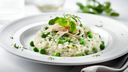 Risotto with green peas and cream sauce on a white plateの素材