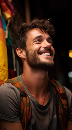 Portrait of a smiling young man on the street at night.の素材