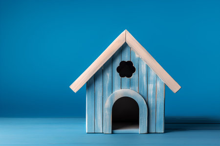 Wooden birdhouse on a blue background. 3d rendering.の素材