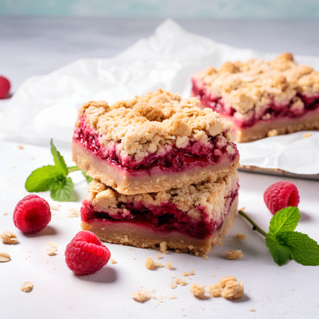Raspberry cake with crumble and fresh raspberries, selective focus.の素材