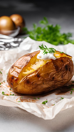 Baked potato with sour cream and parsley on a dark background.の素材
