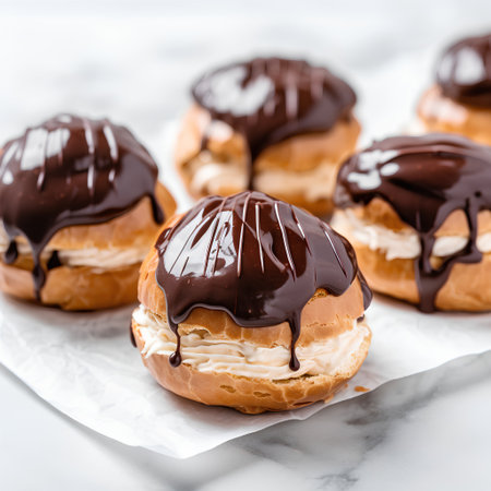 Cream Puffs with Chocolate Sauce on White Marble Background. Dessert Concept.の素材