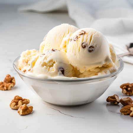 Vanilla ice cream with chocolate and nuts in a glass bowl on a white backgroundの素材
