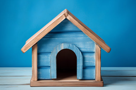 Blue wooden doghouse on a blue background, close-upの素材