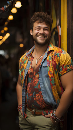 Portrait of a handsome young man in a colorful shirt smiling.の素材