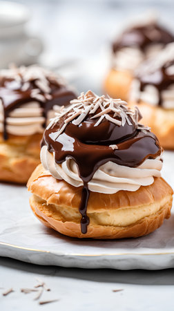Chocolate eclairs with whipped cream and chocolate glaze, squareの素材