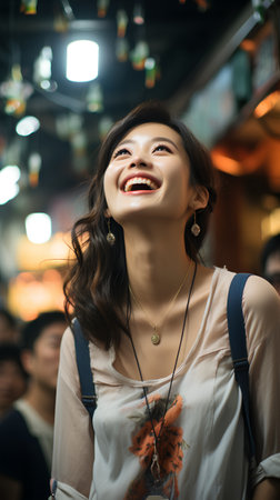 Happy asian woman smiling in the night club with crowd of peopleの素材
