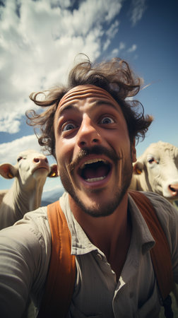Portrait of a happy man with cows on the background of blue skyの素材
