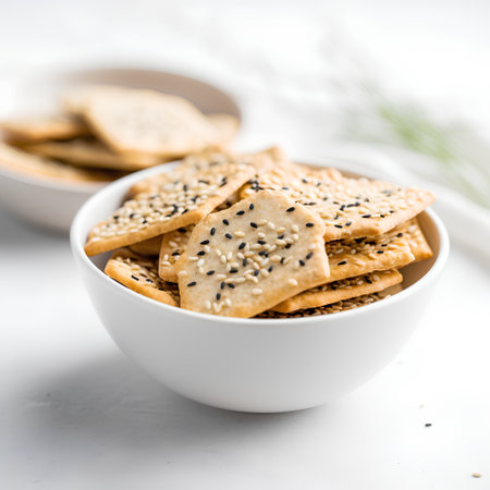 Cookies with sesame seeds in bowl on white background, selective focus.の素材