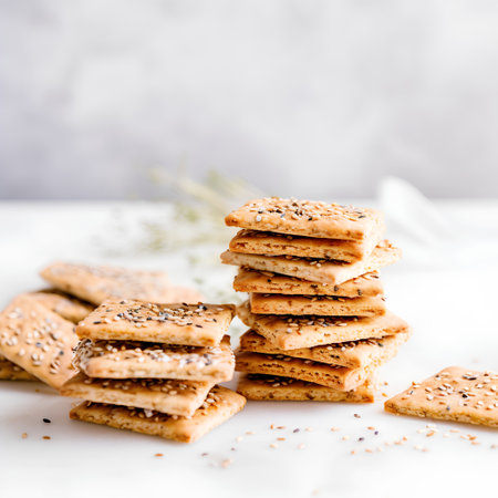 Stack of crackers with sesame seeds on a white background.の素材