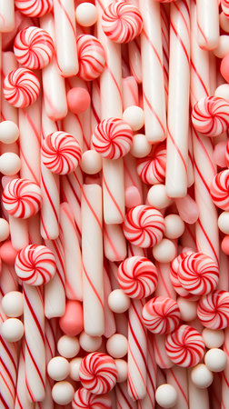 Red and white peppermint candy canes background. Top view.の素材