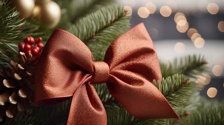 Christmas tree with red bow on bokeh background, closeupの素材