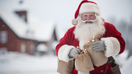 Portrait of santa claus with bag full of gifts outdoorsの素材