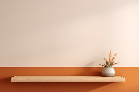 3d render of shelf with plant in vase on orange wallの素材