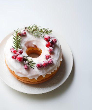 Christmas donut with icing sugar and cranberries on a white backgroundの素材