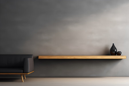 Modern living room interior with black armchair and wooden shelf. 3d renderの素材