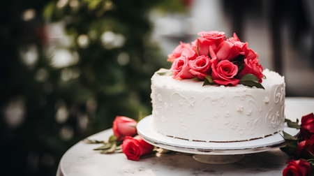 Wedding cake with red roses on a table in the gardenの素材
