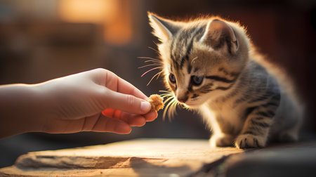 Cute little kitten eating food from human hand. Selective focus.の素材