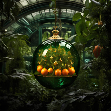 Christmas ornaments hanging on a tree in a greenhouse. 3D renderingの素材