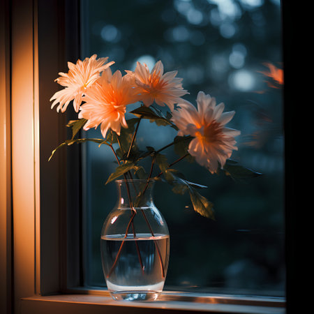 Bouquet of dahlias in a glass vase on the windowsillの素材