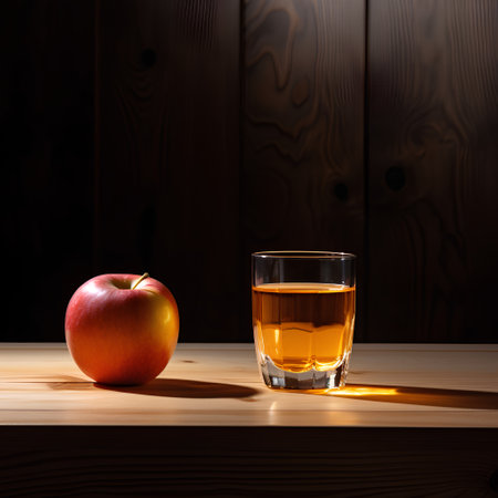 Glass of apple juice and apple on a wooden table. Wooden background.の素材