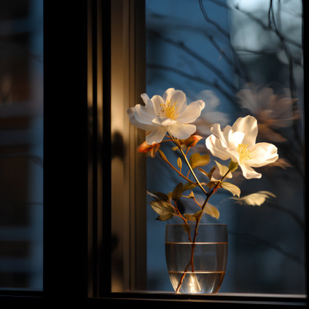 White jasmine in a glass vase on the windowsillの素材