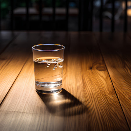 A glass of water on a wooden table in a cafe. Toned.の素材