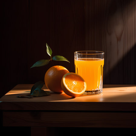 Glass of fresh orange juice on wooden table with fruits on dark backgroundの素材