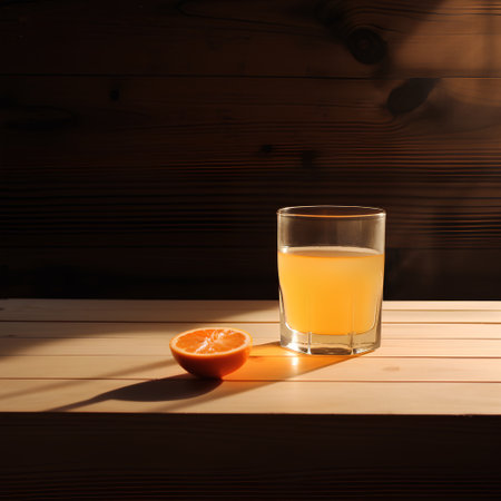 Glass of fresh orange juice on wooden table. Orange slice on wooden backgroundの素材