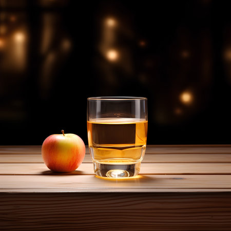 Glass of whiskey and apple on wooden table in front of defocused lightsの素材
