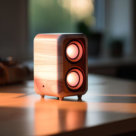 wooden speaker on the table in the room. 3d renderingの素材