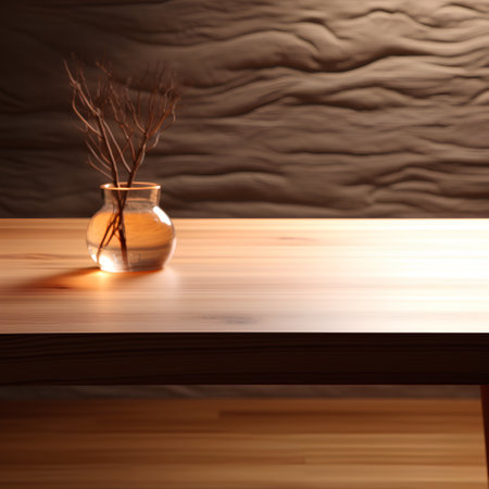 Wooden table with vase of dry twigs on wooden backgroundの素材