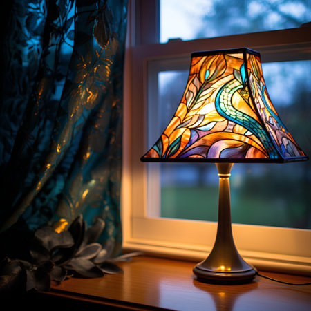 Modern lamp on the windowsill in the evening. Selective focus.の素材