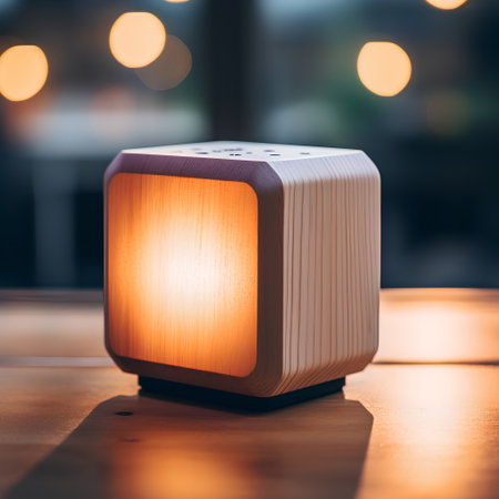 Loudspeaker on a wooden table in a cafe with bokeh backgroundの素材