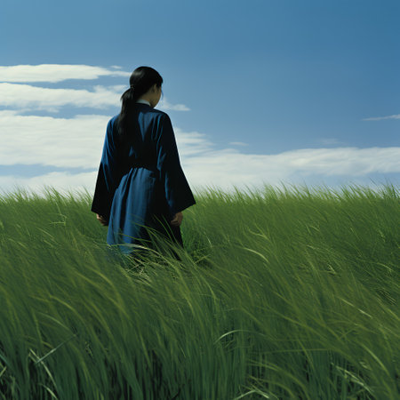 3d illustration of a young woman in a blue kimono standing in the grassの素材
