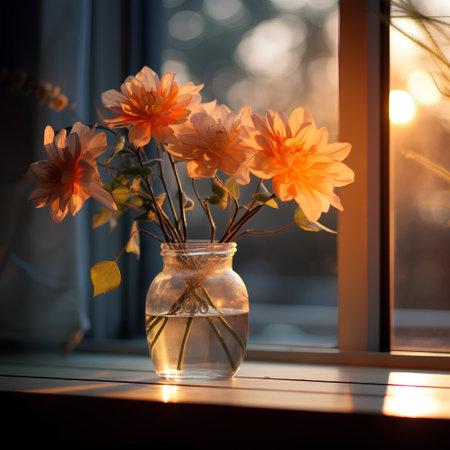 Orange dahlias in a vase on the windowsill.の素材