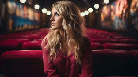 Portrait of a beautiful blonde woman in red dress in the cinemaの素材