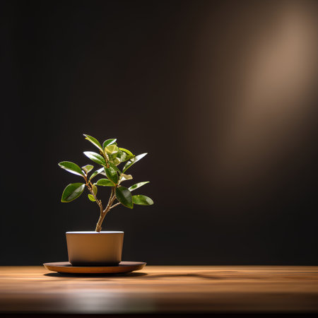 Ficus in a pot on a wooden table on a dark backgroundの素材