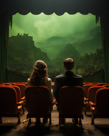 Couple sitting in a theater and looking at the foggy landscapeの素材