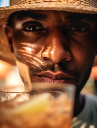 Close-up portrait of a young African-American man in a straw hat with a glass of cocktailの素材