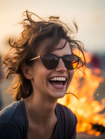Portrait of a beautiful young woman in sunglasses on the background of a bonfireの素材