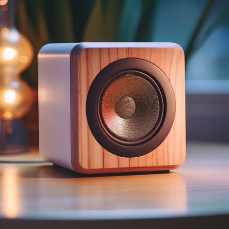 Wooden speaker on the table in the room. 3d renderingの素材