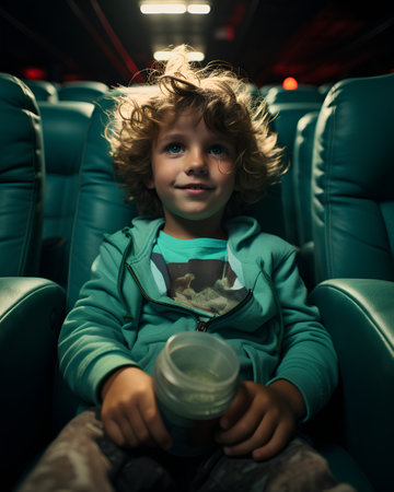 Cute little boy with curly hair is watching movie in cinema.の素材