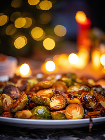 Roasted Brussels sprouts on a plate with Christmas lights in the backgroundの素材
